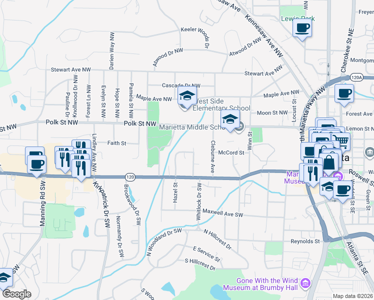 map of restaurants, bars, coffee shops, grocery stores, and more near 91 Morrison Street Northwest in Marietta