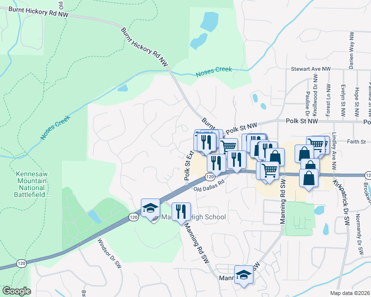 map of restaurants, bars, coffee shops, grocery stores, and more near 961 Burnt Hickory Circle Northwest in Marietta