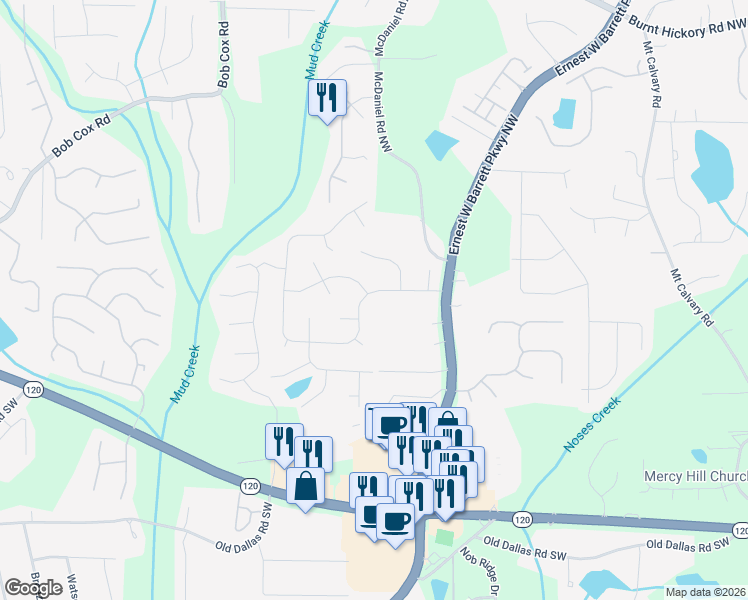 map of restaurants, bars, coffee shops, grocery stores, and more near 2469 Zachary Woods Drive Northwest in Marietta