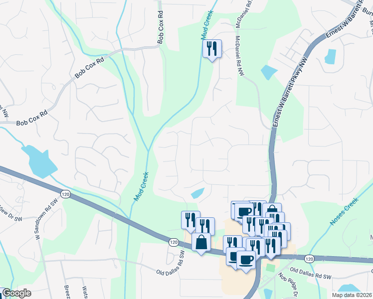 map of restaurants, bars, coffee shops, grocery stores, and more near 2507 Zachary Woods Drive Northwest in Marietta