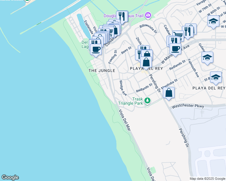map of restaurants, bars, coffee shops, grocery stores, and more near 7335 Vista Del Mar Lane in Los Angeles