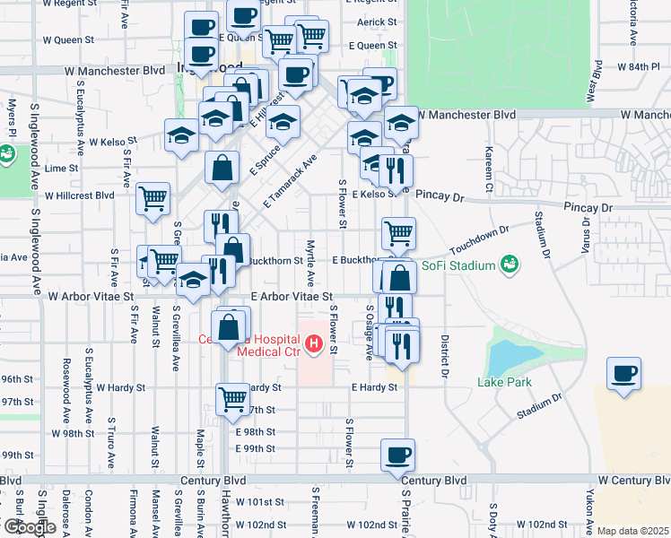 map of restaurants, bars, coffee shops, grocery stores, and more near 805 South Flower Street in Inglewood