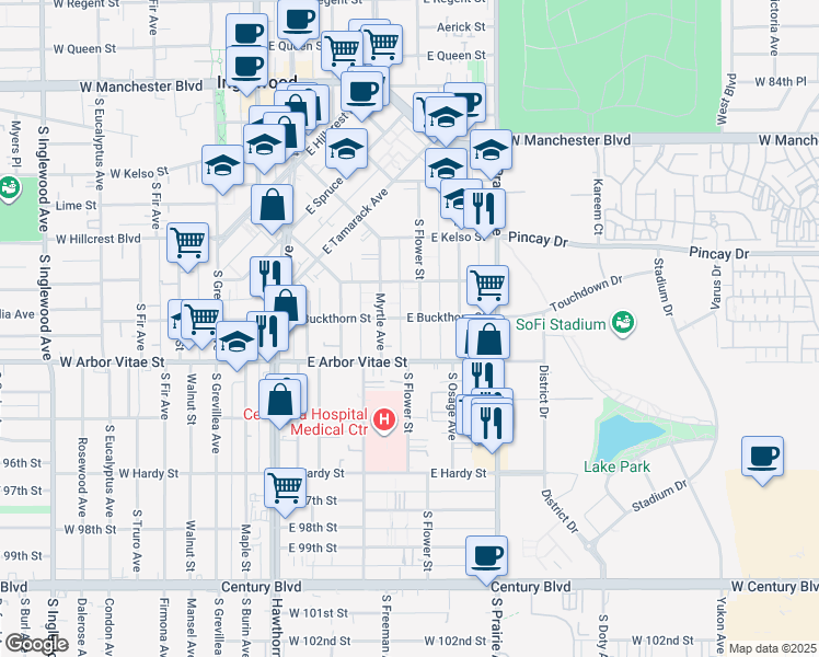 map of restaurants, bars, coffee shops, grocery stores, and more near 801 South Flower Street in Inglewood
