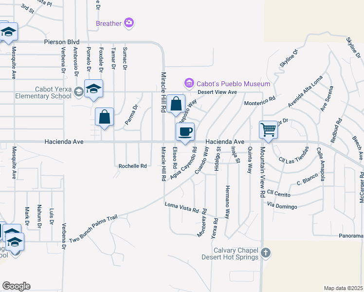 map of restaurants, bars, coffee shops, grocery stores, and more near 67585 Hacienda Avenue in Desert Hot Springs