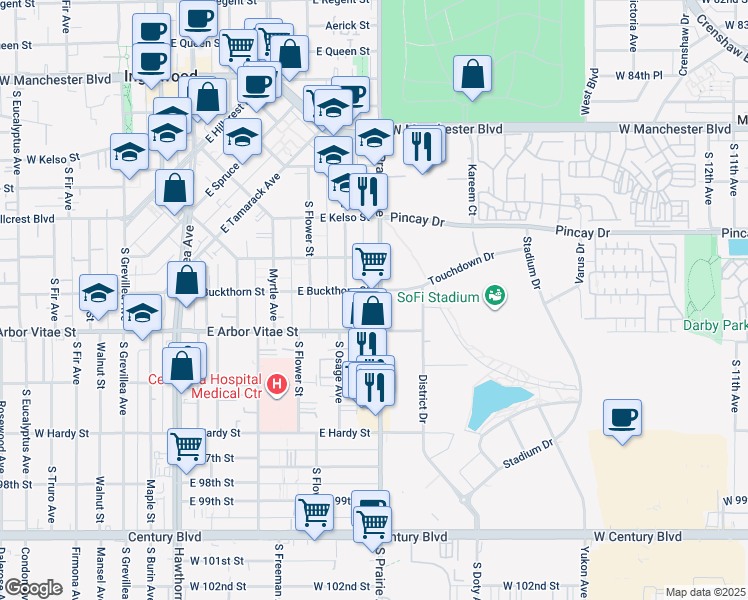 map of restaurants, bars, coffee shops, grocery stores, and more near 803 South Prairie Avenue in Inglewood