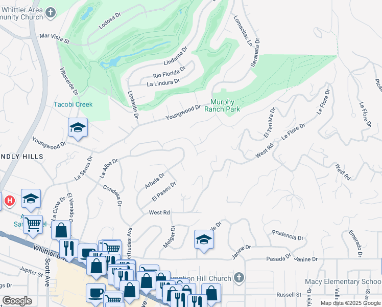 map of restaurants, bars, coffee shops, grocery stores, and more near 15986 Carmenia Dr in Whittier