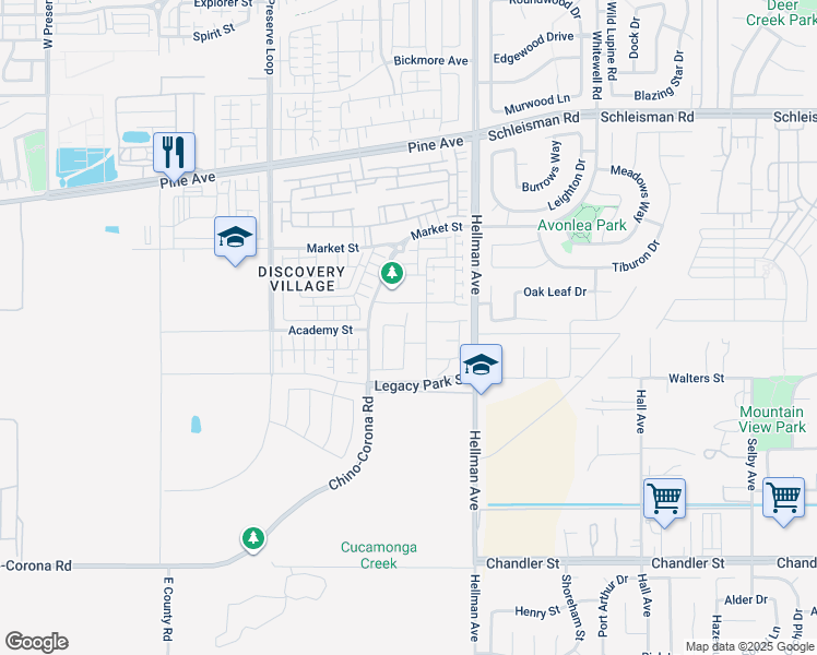 map of restaurants, bars, coffee shops, grocery stores, and more near 16576 Ground Breaker Avenue in Corona