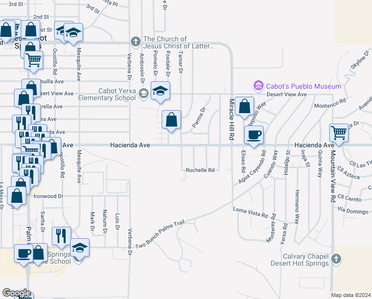 map of restaurants, bars, coffee shops, grocery stores, and more near 67275 Hacienda Avenue in Desert Hot Springs