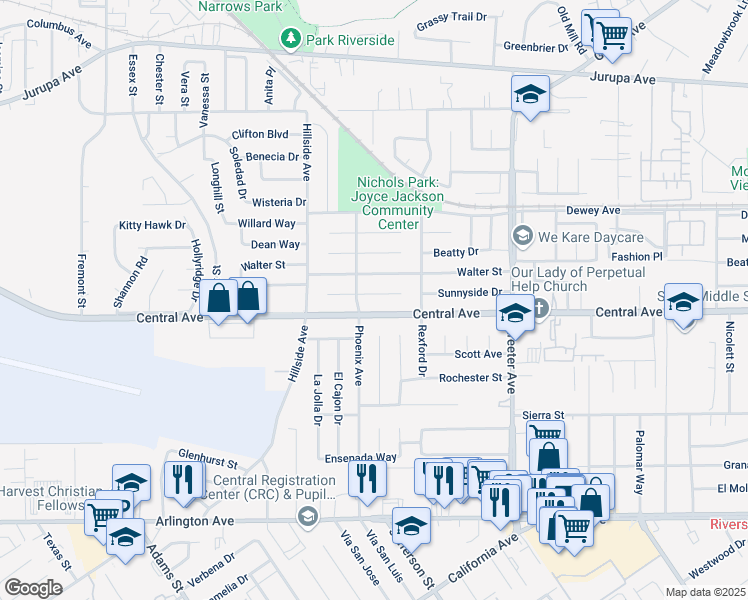 map of restaurants, bars, coffee shops, grocery stores, and more near 5572 Norman Way in Riverside