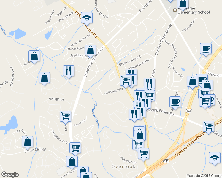 map of restaurants, bars, coffee shops, grocery stores, and more near 6329 Holcomb Way in Norcross