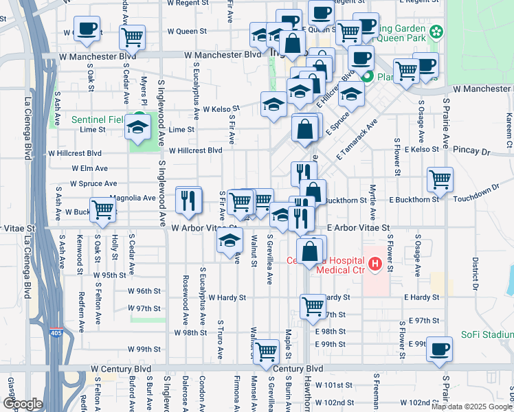 map of restaurants, bars, coffee shops, grocery stores, and more near 118 West Buckthorn Street in Inglewood