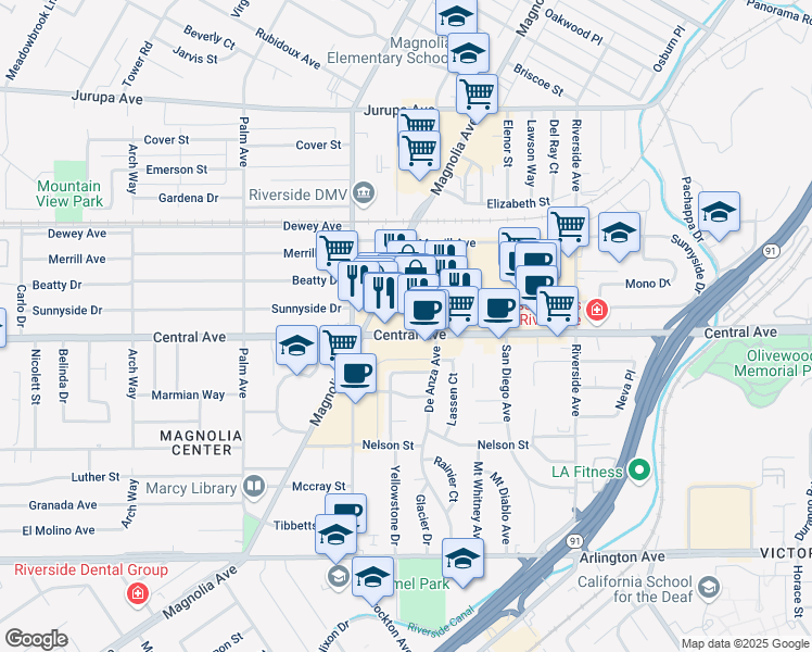 map of restaurants, bars, coffee shops, grocery stores, and more near 3711 Central Avenue in Riverside