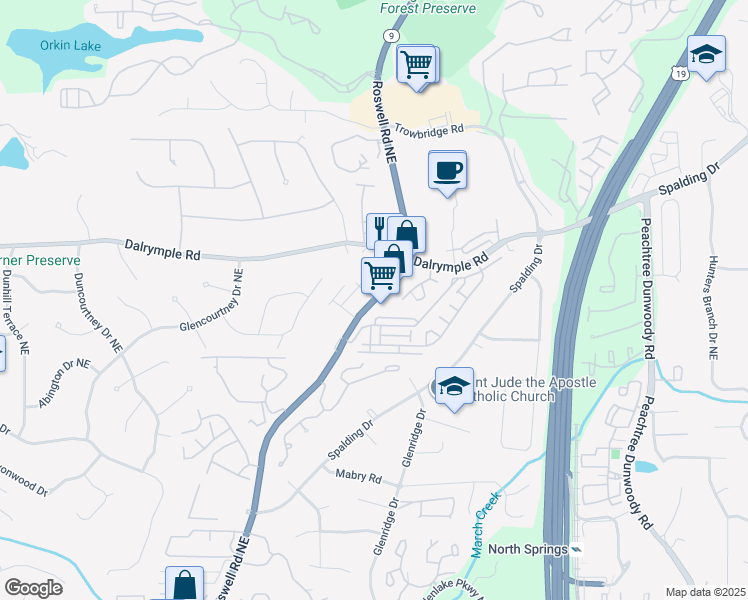 map of restaurants, bars, coffee shops, grocery stores, and more near 7312 Roswell Road in Sandy Springs