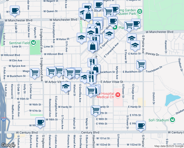 map of restaurants, bars, coffee shops, grocery stores, and more near 801 South La Brea Avenue in Inglewood
