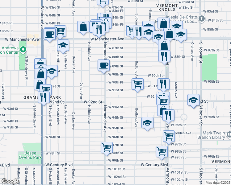 map of restaurants, bars, coffee shops, grocery stores, and more near 1324 West 91st Street in Los Angeles