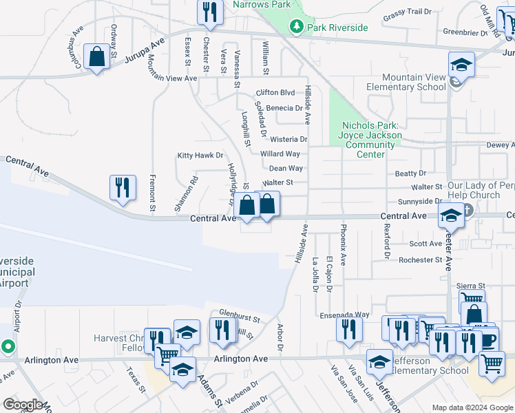 map of restaurants, bars, coffee shops, grocery stores, and more near 5834 Norman Way in Riverside