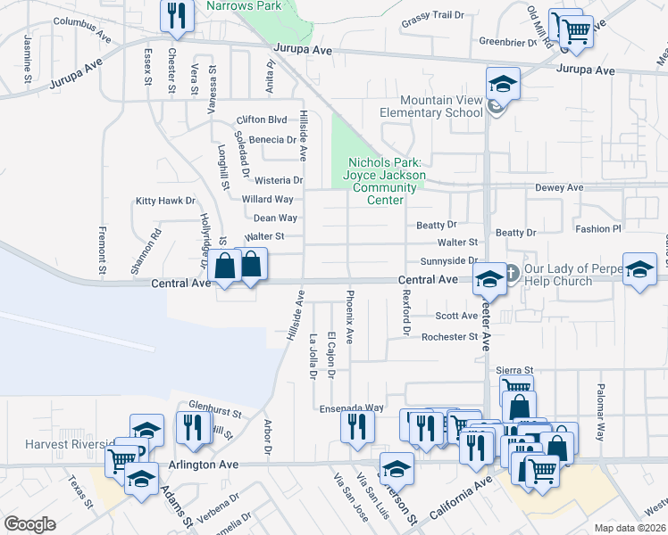 map of restaurants, bars, coffee shops, grocery stores, and more near 5630 Norman Way in Riverside