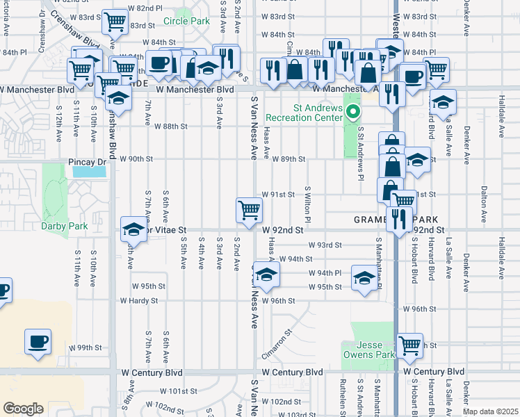 map of restaurants, bars, coffee shops, grocery stores, and more near 9120 South Van Ness Avenue in Los Angeles