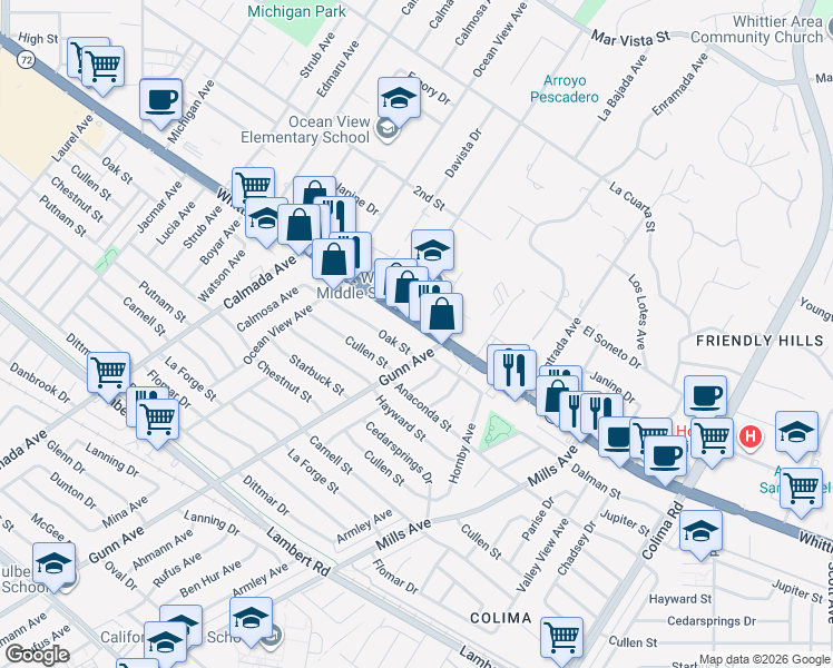 map of restaurants, bars, coffee shops, grocery stores, and more near 14430 Whittier Boulevard in Whittier