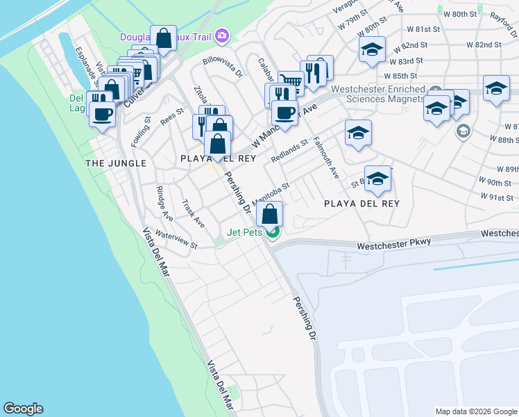 map of restaurants, bars, coffee shops, grocery stores, and more near 8354 Manitoba St in Playa Del Rey