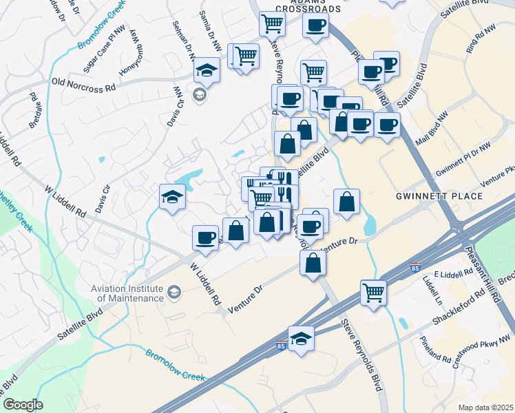 map of restaurants, bars, coffee shops, grocery stores, and more near 4201 Pleasant Lake Village Lane in Duluth