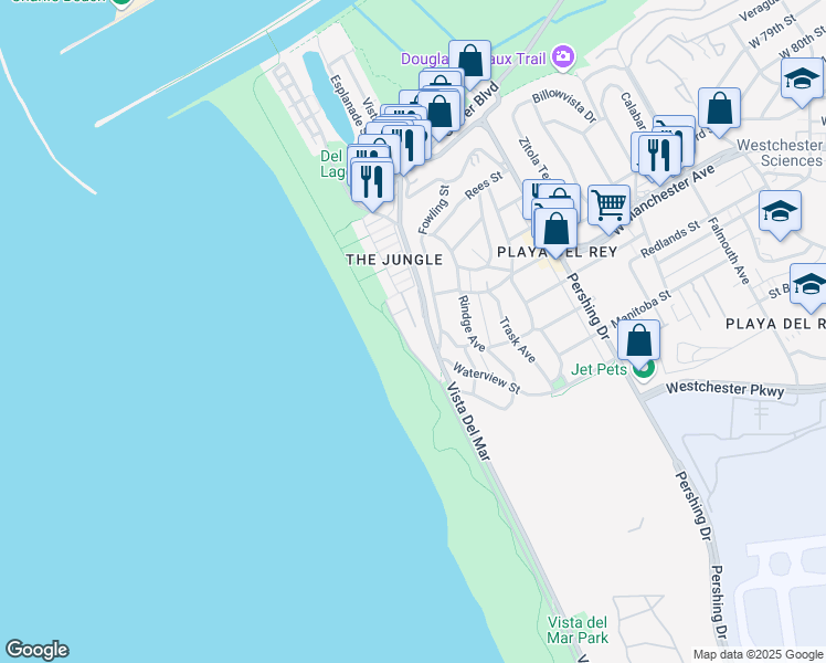 map of restaurants, bars, coffee shops, grocery stores, and more near 7301 Vista Del Mar in Los Angeles