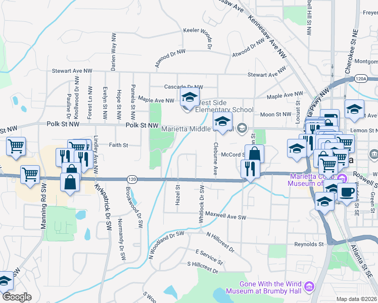 map of restaurants, bars, coffee shops, grocery stores, and more near 91 Morrison Street Northwest in Marietta