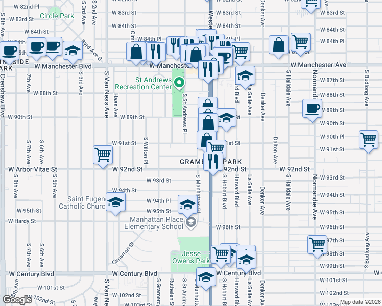 map of restaurants, bars, coffee shops, grocery stores, and more near 1845 West 91st Place in Los Angeles