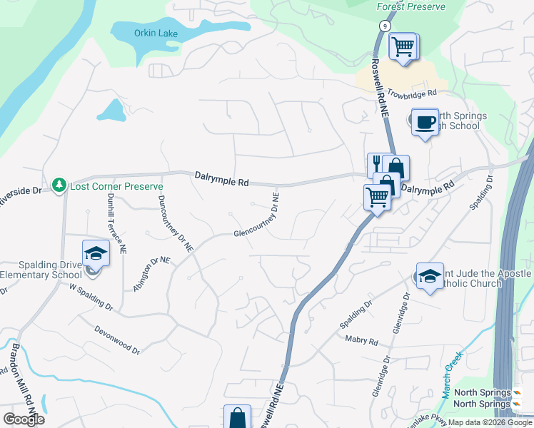 map of restaurants, bars, coffee shops, grocery stores, and more near 450 Glencourtney Drive Northeast in Atlanta