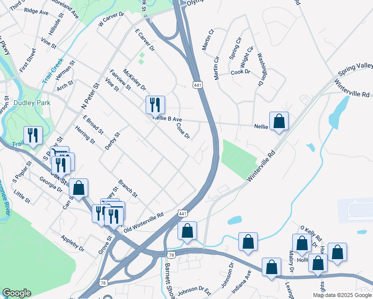 map of restaurants, bars, coffee shops, grocery stores, and more near 695 Vine Street in Athens