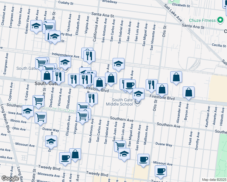 map of restaurants, bars, coffee shops, grocery stores, and more near Firestone Boulevard & San Gabriel Avenue in South Gate