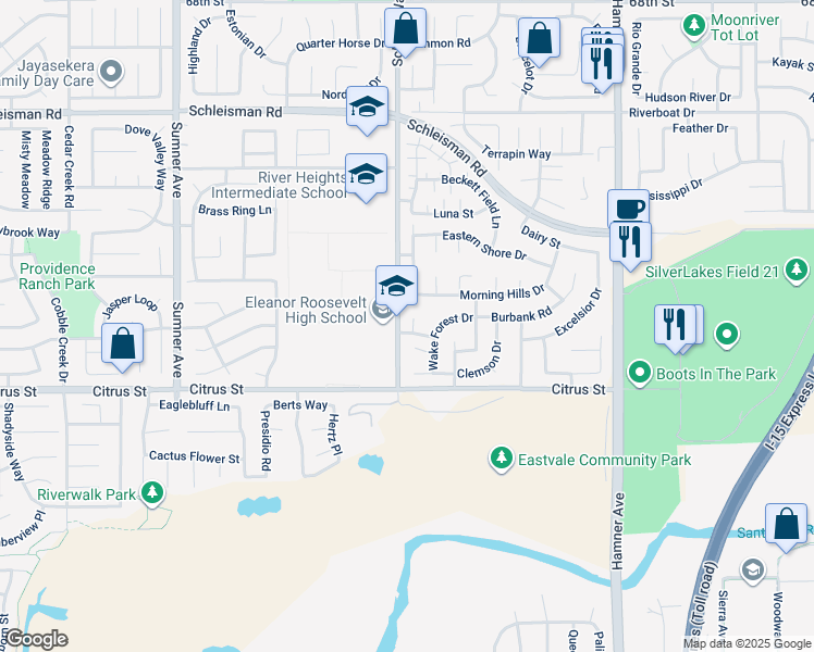 map of restaurants, bars, coffee shops, grocery stores, and more near 7395 Patti Ann Court in Corona