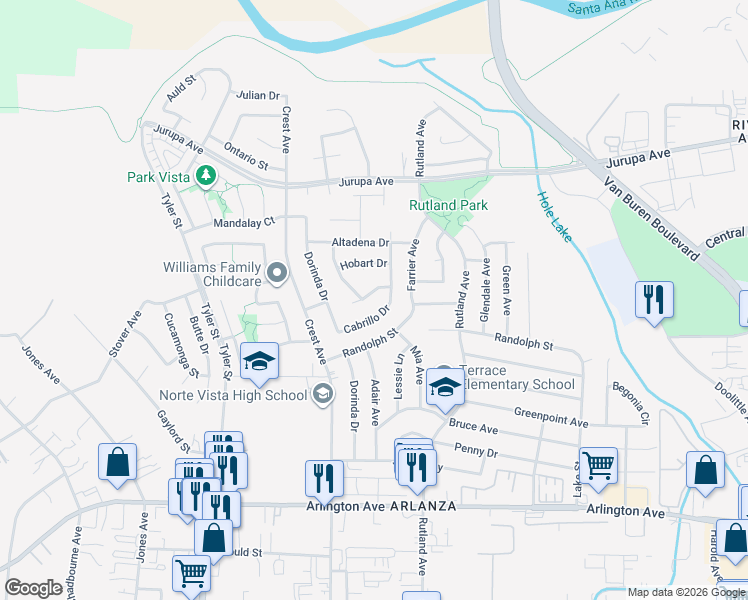map of restaurants, bars, coffee shops, grocery stores, and more near 9080 Daytona Avenue in Riverside