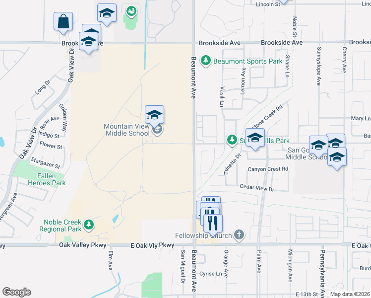 map of restaurants, bars, coffee shops, grocery stores, and more near 11543 Beaumont Avenue in Cherry Valley