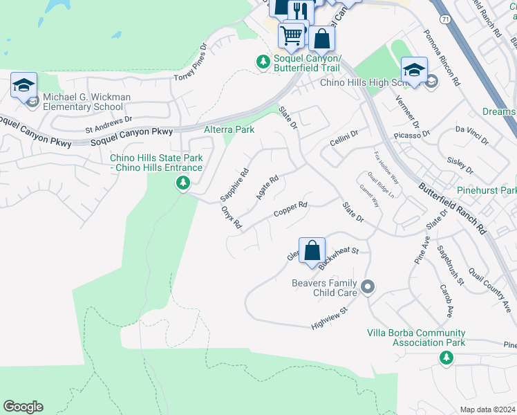 map of restaurants, bars, coffee shops, grocery stores, and more near 4949 Agate Road in Chino Hills