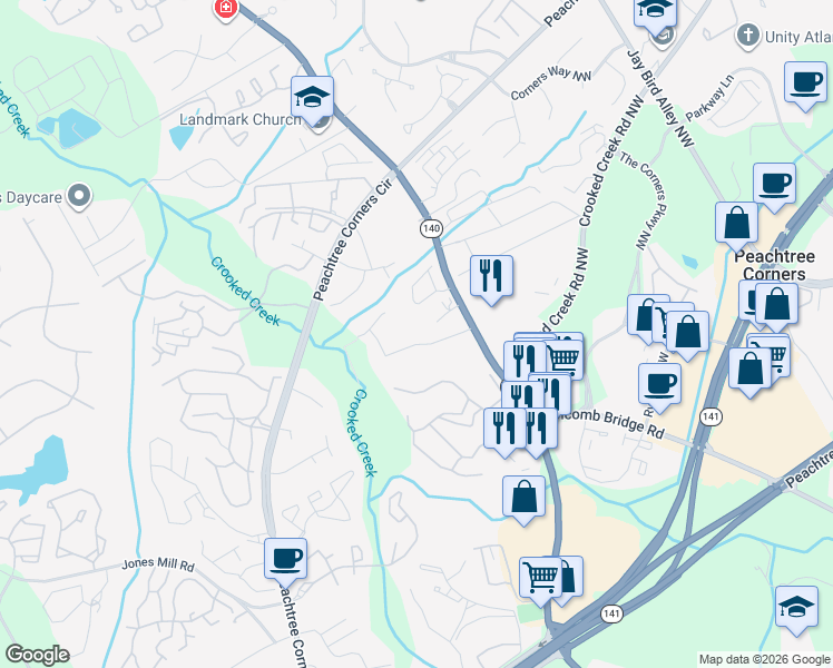 map of restaurants, bars, coffee shops, grocery stores, and more near 6329 Holcomb Way in Norcross