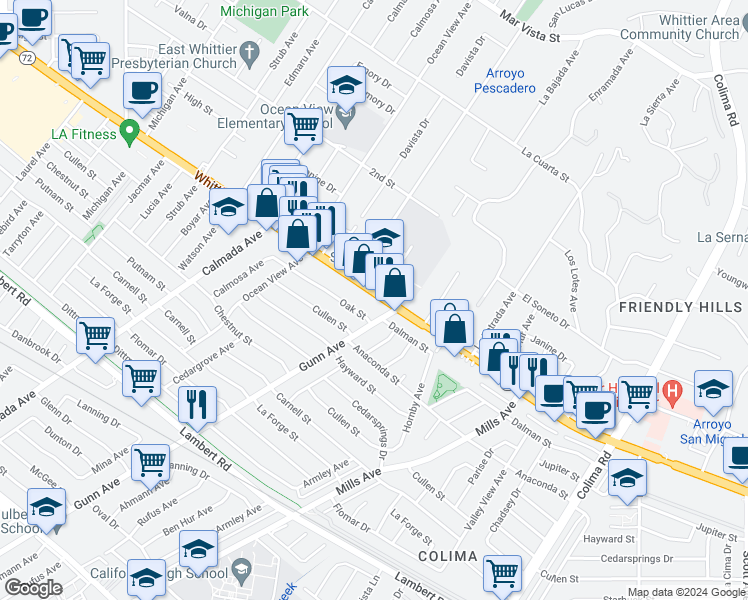 map of restaurants, bars, coffee shops, grocery stores, and more near 14430 Whittier Boulevard in Whittier
