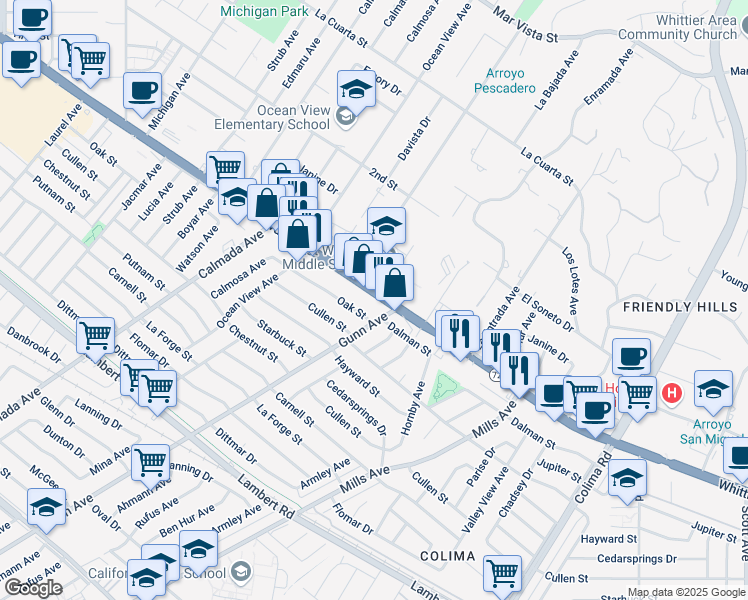 map of restaurants, bars, coffee shops, grocery stores, and more near 14426 Whittier Boulevard in Whittier