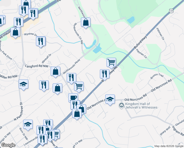 map of restaurants, bars, coffee shops, grocery stores, and more near 3160 Smith Ridge Trace in Peachtree Corners
