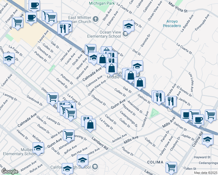 map of restaurants, bars, coffee shops, grocery stores, and more near 14302 Cullen Street in Whittier