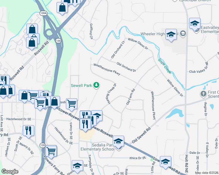 map of restaurants, bars, coffee shops, grocery stores, and more near 131 Hunting Creek Drive in Marietta