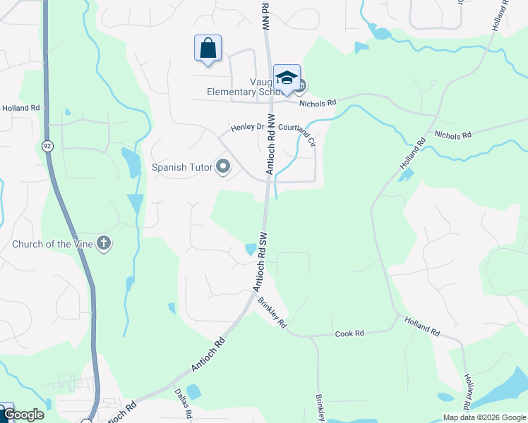 map of restaurants, bars, coffee shops, grocery stores, and more near 60 Antioch Road in Powder Springs