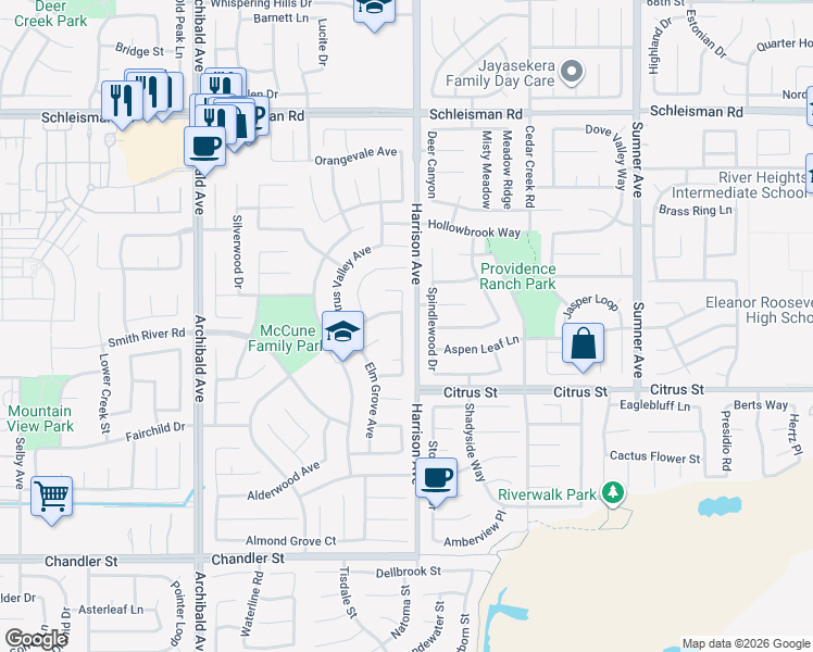 map of restaurants, bars, coffee shops, grocery stores, and more near 7388 Sungold Avenue in Eastvale