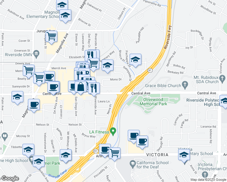 map of restaurants, bars, coffee shops, grocery stores, and more near 3455 Central Avenue in Riverside