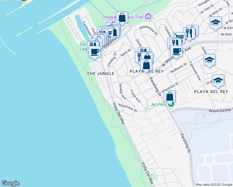 map of restaurants, bars, coffee shops, grocery stores, and more near 201 Redlands Street in Los Angeles