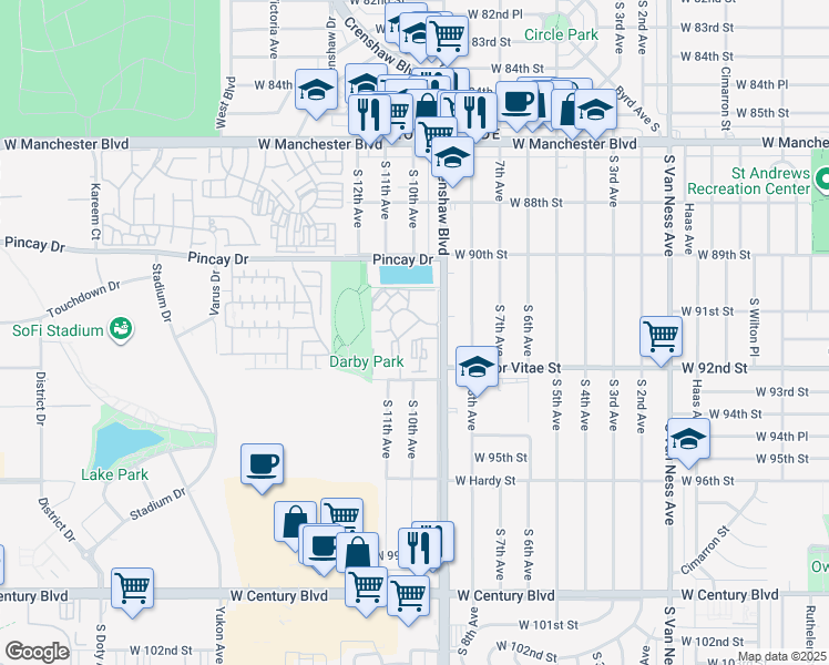 map of restaurants, bars, coffee shops, grocery stores, and more near 3310 Hollypark Drive in Inglewood