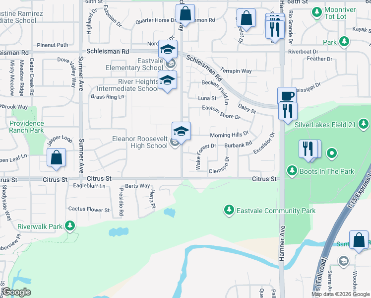map of restaurants, bars, coffee shops, grocery stores, and more near 7395 Patti Ann Court in Corona