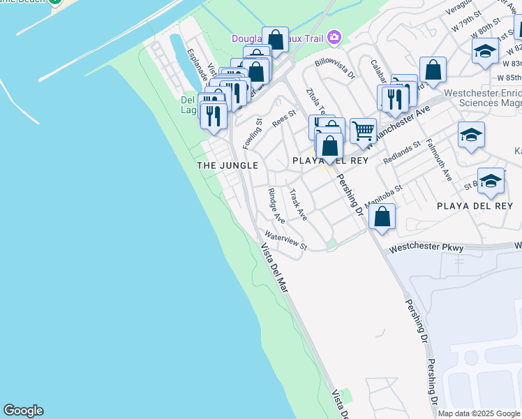 map of restaurants, bars, coffee shops, grocery stores, and more near 7335 Vista Del Mar Lane in Los Angeles