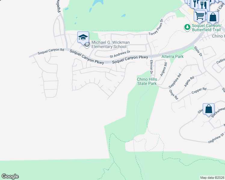 map of restaurants, bars, coffee shops, grocery stores, and more near 4388 Jasmine Hill Court in Chino Hills