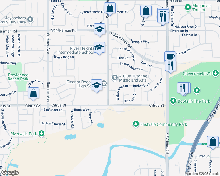 map of restaurants, bars, coffee shops, grocery stores, and more near 7395 Patti Ann Court in Corona